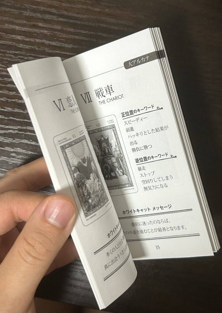 ホワイトキャッツ・タロット付属の日本語解説書の中身を写した写真